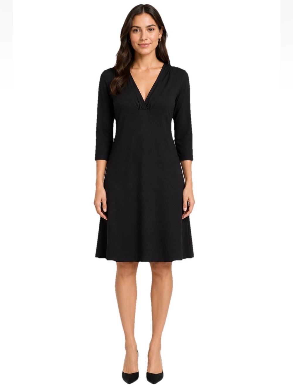 Eileen Fisher Black Knit V Neck Dress XS 3/4 Sleeve Pleated Neckline Classic LBD